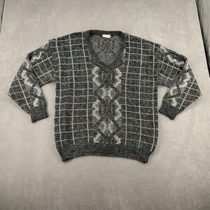Avant Garde Sweater Mens XL‎ Black Geometric Tight Knit Ribbed V Neck Thermal